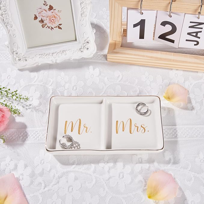 Mr. & Mrs. Ring Dish Engagement Wedding Ring Holder Gift for Future Mrs. / Newlywed - Her Engagement Wedding Gifts for Newly Engaged Couples Bridal Shower Gifts for Bride to be