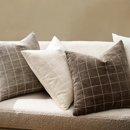 MIULEE Decorative Chenille Check Euro Shams Throw Pillow Covers Vintage Plaid Couch Pillows 24x24 Inch Set of 2 Neutral Boho Farmhouse Cushion Covers Spring Decor for Sofa Bed Living Room Beige