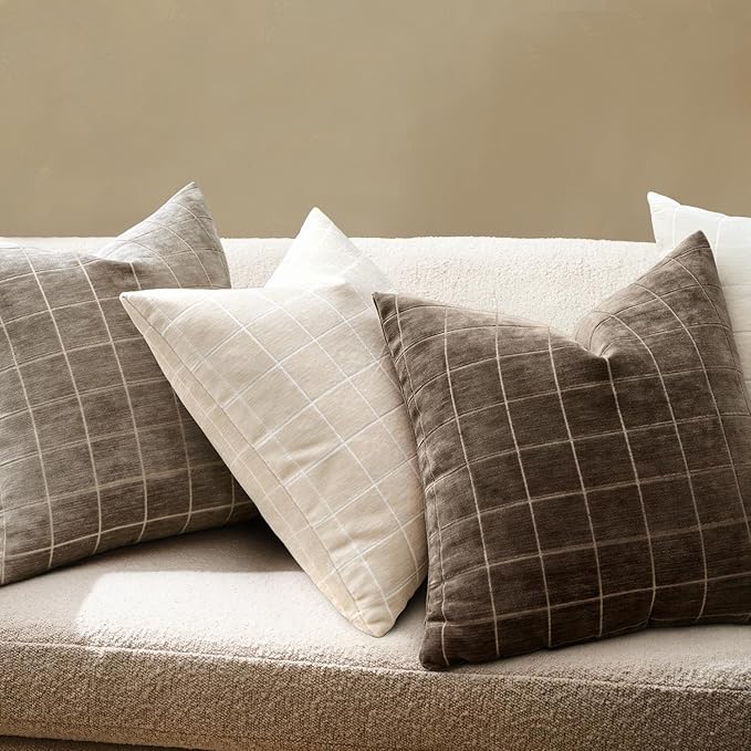 MIULEE Decorative Chenille Check Throw Pillow Covers Vintage Plaid Couch Pillows 18x18 Inch Set of 2 Neutral Boho Farmhouse Cushion Covers Modern Spring Home Decor for Sofa Bed Living Room Beige