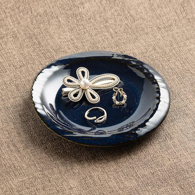 Ceramic Jewelry Tray Decorative Ring Holder and Trinket Dish for Women Wedding Engagement Birthday Gift for Her Jewelry Organizer Vanity Tray (blue)