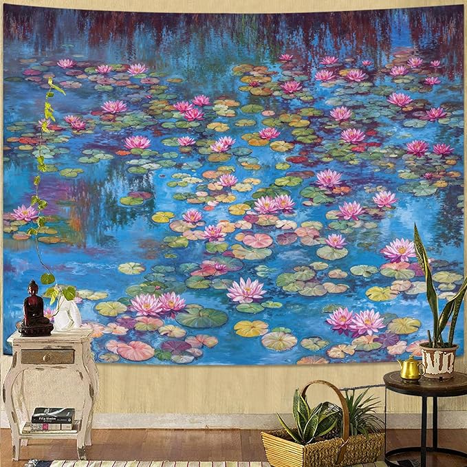 kampdream Landscape Tapestry, Scenery Art Wall Tapestries, Nature Wall Decor for Bedroom Living Room Backdrop Blue Impressionist Pond Lotus 60×80 inches