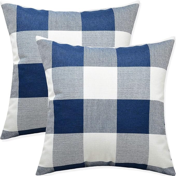 Artaimee Dark Blue & White Buffalo Check Plaid Throw Pillow Covers – 18 x 18 Inches, Pack of 2 – Soft Cotton Linen Cushion Case for Sofa, Couch, Bed, and Home Décor
