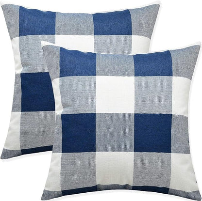 Artaimee Dark Blue & White Buffalo Check Plaid Throw Pillow Covers – 18 x 18 Inches, Pack of 2 – Soft Cotton Linen Cushion Case for Sofa, Couch, Bed, and Home Décor