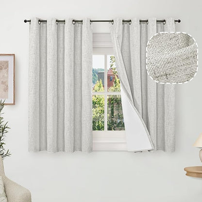 Lajode Short Blackout Curtains 45 Inch Length 2 Panels, Thermal Insulated Total Light Blocking Linen Window Curtains for Farmhouse Bedroom Basement, Bronze Grommet, Light Grey, Each 52" Wide