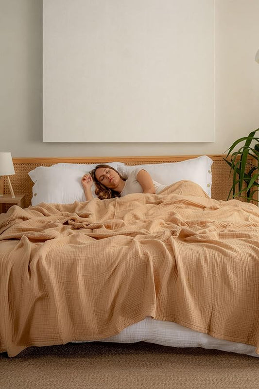 Muslin Blanket - Pure 100% Turkish Cotton Airy Soft Light Versatile Gauze Throw Blanket for Bed, Couch, Sofa (Beige, California King Size (95" x 125" inch))