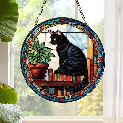 Rngmsi Black Cat Stained Glass Window Hanging Gifts for Women, 7.8″ Book Suncatchers for Indoor Window Decor, Decorative Sun Catchers Home Wall Art Gift for Thanksgiving Christmas Housewarming