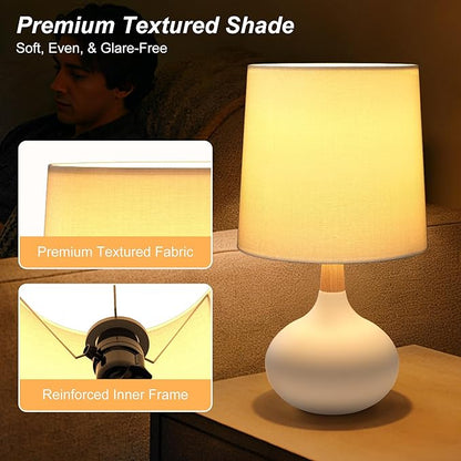 14" Ceramic Table Lamp Set of 2 with Natural Wood Stem & Linen Shade for Bedroom Decor,Modern Farmhouse Small Bedside Lamp for Nightstand, Living Room & Office (White)