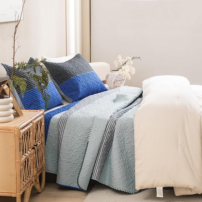 Litanika California King Quilt Set Blue and Grey - Cal King Oversized Stripe Comforter Bedspreads & Coverlets - Soft Lightweight Quilted Bedding Set for All Season(1 Quilt, 2 Pillowcases)