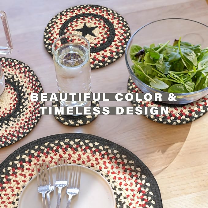 Homespice Primitive Star Gloucester Jute Braided Trivets for Table - Set of 6, Round 8", Black & Red - Rich Colors, Easy to Clean, Durable and Protects Furniture