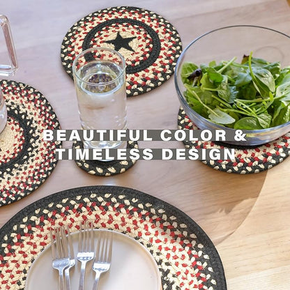 Homespice Primitive Star Gloucester Jute Braided Trivets for Table - Set of 3, Round 8", Black & Red - Rich Colors, Easy to Clean, Durable and Protects Furniture