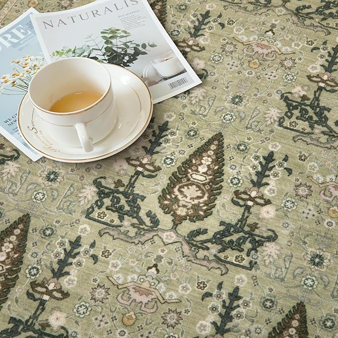 Tangsoo 5x7 Washable Area Rug for Living Room,Non Slip Vintage Boho Green Floral Indoor Rug for Bedroom Office, Soft Low Pile Foldable Floor Rugs for Dining Room Nursery Home Decor