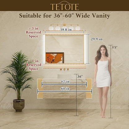 TETOTE 40 x 30 Backlit Bathroom Mirror Brushed Gold Metal Frame LED Light Vanity 3-Color White/Warm/Natural Stepless Dimmable Anti-Fog Backlight Mirror Wall-Mounted
