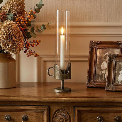 Handcrafted Cast Iron Base Hurricane Candle Holder with Glass Shade - Elegant Vintage Candle Stand for Taper Candles - Perfect for Living Room, Dining Room, and Home Décor 14“ High