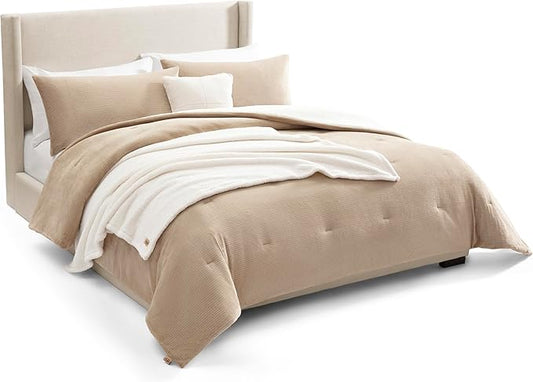 UGG Comforter Set 5 Piece Bed in a Bag with Throw Blanket, Decorative Pillow, Shams, and Reversible Comforter Hypoallergenic Washable Luxury Warm Fluffy Bedding Set, Brown Birch, King Size (Remina)