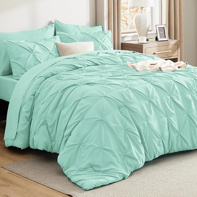 Bedsure Full Comforter Set Mint Green - Bed in a Bag Full Size Bedding Set 7 Pieces, GentleSoft™ Pintuck Bed Set Gift for Family, Pinch Pleat All Season Comforter with Sheets, Pillowcases & Shams