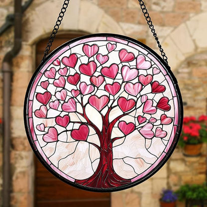 DASTOLL Stained Glass Window Hanging, Pink Love Heart Tree Suncatcher Hangings Beige Sun Catchers Decor for Birthday Holiday for Women, Men, Wife, Aunt, Mom 11.8IN