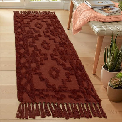 Uphome Boho Runners for Hallways 2' x 6', Washable Farmhouse Entryway Runner Rug, Cotton Tufted Bedroom Runner Rugs, Bohemian Tribal Throw Aesthetic Rug for Kitchen Doorway Living Room, Terracotta