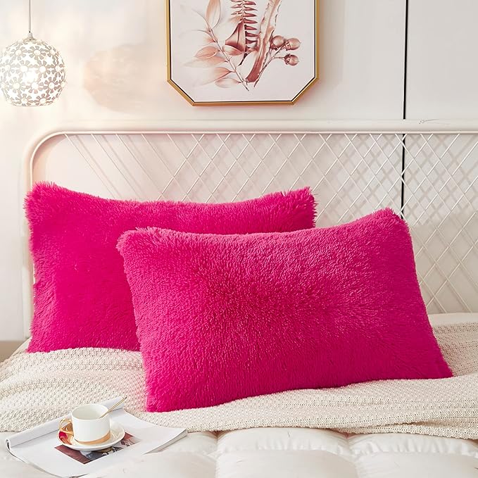 Uhamho Set of 2 Pillowcases Faux Fur Throw Pillow Covers King Size Shams Soft Velvet Decorative Zipper Closure (Hot Pink, 20"x36")