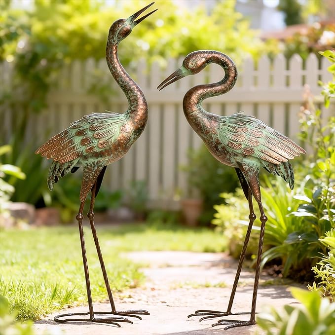 Shorayn Garden Crane Statues, Blue Heron Sculptures for Outdoor, Cranes Decor Metal Bird, Patina Garden Art Lawn Ornaments for Yard Patio Porch Outside Decorations
