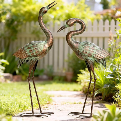 Shorayn Garden Crane Statues, Blue Heron Sculptures for Outdoor, Cranes Decor Metal Bird, Patina Garden Art Lawn Ornaments for Yard Patio Porch Outside Decorations