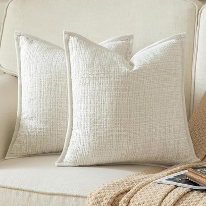 Yaertun Pack of 2 Chenille Textured Decorative Throw Pillow Covers Accent Solid Cushion Cover Soft Cozy Pillow Case with Velvet Back for Couch Sofa Bed Living Room 18x18 Inch Cream White