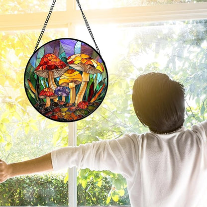 DASTOLL Stained Glass Window Hanging, Jungle Mushrooms Sun Catchers Diamond Glass Panel Hangings Plant Suncatcher Decor for Birthday for Women, Men, Wife, Aunt, and Mom 7.8 in