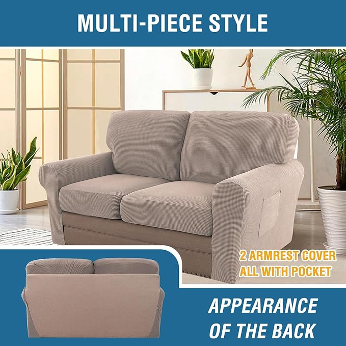 H.VERSAILTEX Multi-Pieces Sofa Covers Stretch Couch Covers Form Fitted Seats and Back Cushions Covers (2 Seat Covers Plus 2 Back Cusion Covers, Bonus 2 Armrest Covers), Sand