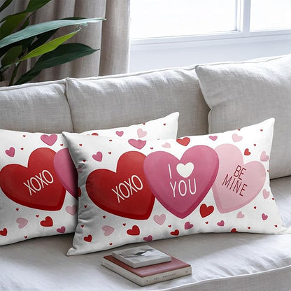Valentines Day Pillow Covers 12x20 Set of 2 White Pink Heart Throw Pillow Covers Love Pillowcase Linen Decoration Farmhouse Holiday Cozy Soft Cushion Case Couch for Indoor Outdoor Home Decor