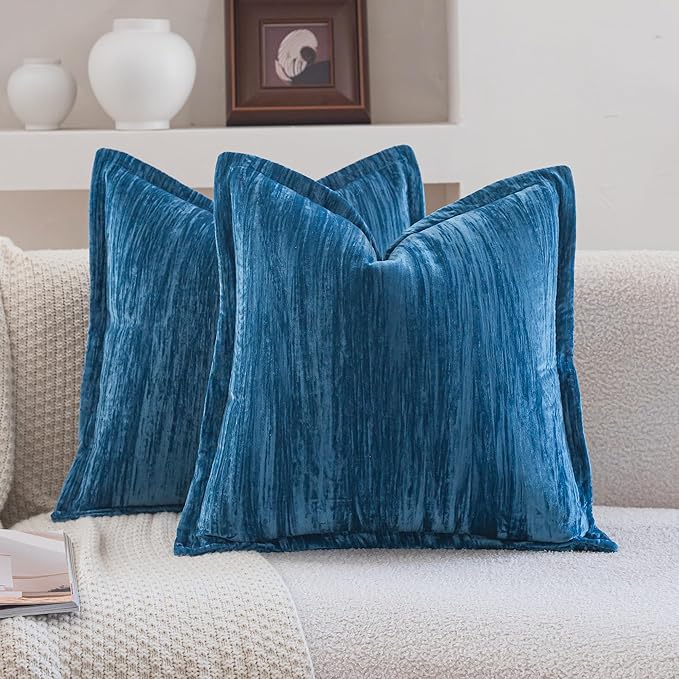 Neelvin Set of 2 Velvet Decorative Throw Pillow Covers 18x18 Inch Blue Modern Luxury Cushion Covers Textured Pillow Cases for Living Room Home Decor Couch Sofa