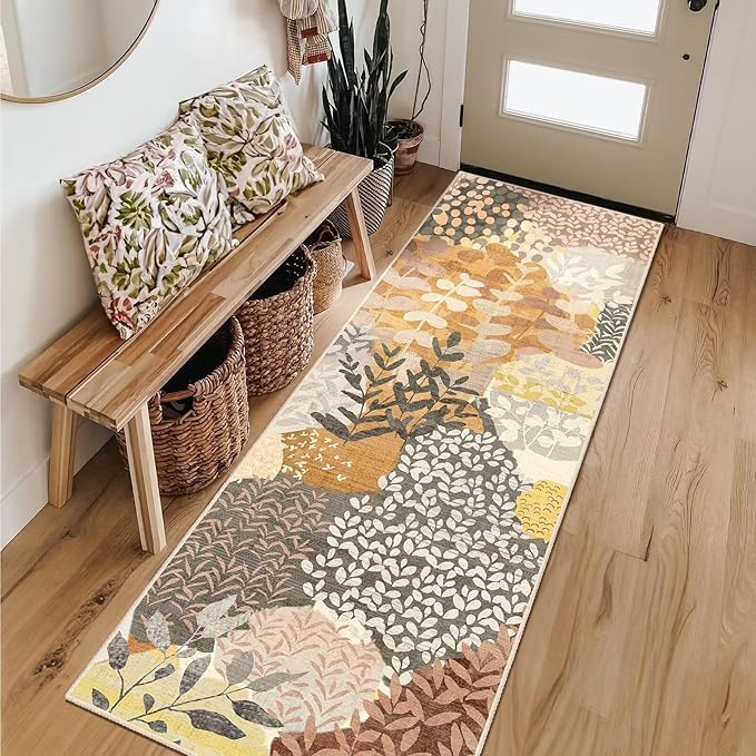 DEXDE Runner Rug 2x6 Fall Washable Hallway Boho Soft Area Rugs Abstract Long Non Slip Botanical Leaves Floral Print Carpet for Entryway, Kitchen, Laundry, Bathroom, Bedroom,Camel