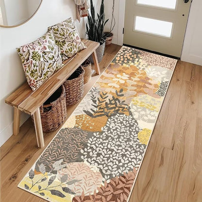 DEXDE Runner Rug 2x6 Fall Washable Hallway Boho Soft Area Rugs Abstract Long Non Slip Botanical Leaves Floral Print Carpet for Entryway, Kitchen, Laundry, Bathroom, Bedroom,Camel