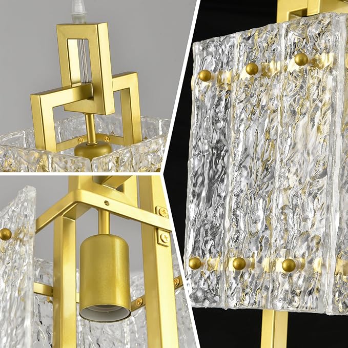Gold Pendant Light Fixture - Modern Kitchen Island Water Ripple Glass Square Light - Adjustable Hanging Lighting for Kitchen Dining Room Over Island - 2 Pack
