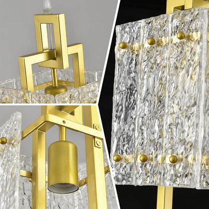 Gold Pendant Light Fixture - Modern Kitchen Island Water Ripple Glass Square Light - Adjustable Hanging Lighting for Kitchen Dining Room Over Island - 1 Pack