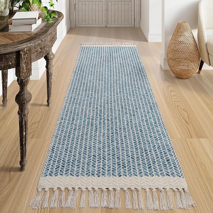 Lahome Boho Kitchen Runner Rug, 2'6''x8 Runners for Hallways Lightweight Bathroom Rug Woven Cotton Throw Mat with Tassels, Farmhouse Blue Runner Rugs Non Shedding Rugs for Laundry Room Rv Decor