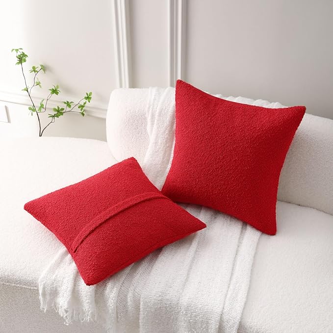 FUTEI Christmas Pack of 2 Red Decorative Throw Pillow Covers 16x16 Inch Soft Cozy Solid Boucle Textured Cushion Case,Modern Home Decor for Couch Bed Living Room