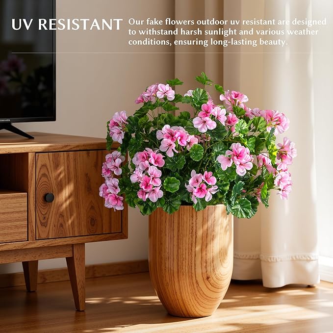 Artificial Flowers for Outdoors 17.7In Artificial Geraniums for Indoor Fake Flowers Uv Resistant Artificial Outdoor Flowers Suitable for Indoor Home Decor Outdoor Garden Decoration 8PCS (Pink)