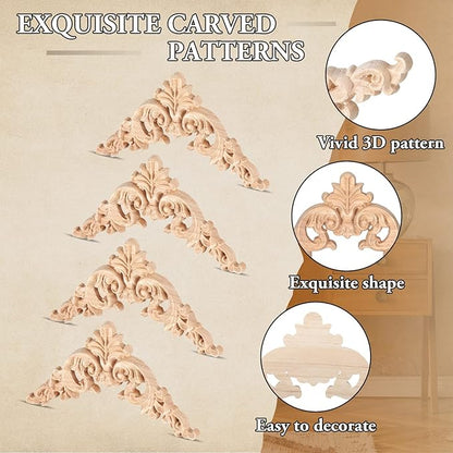 20 Pcs Wood Applique Corner Onlay Decorative Wood Applique DIY Wooden Carved Corner Unpainted Wooden Carved Decals Carving Decal for Furniture Wall Cupboard Bed Cabinet(Delicate Style)