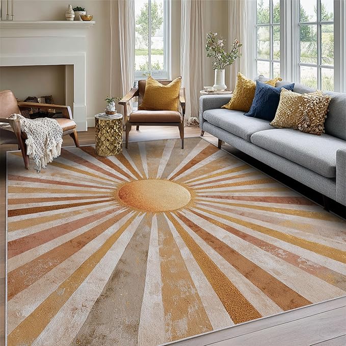 Boho Sun Rug, 3x5 Area Rugs Abstract Striped Bohemian Vintage Pattern for Entryway, Living Room, Bedroom, Boho Sun Home Decor Accessories Indoor Carpet, Non Slip & Machine Washable