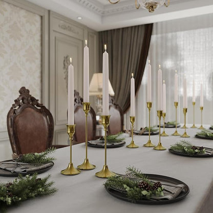 Set of 12 Brass Gold Taper Candle Holders, Candlesticks Holders Bulk, Vintage Candlestick Holder Decorative Metal Candle Sticks Home Decor Centerpieces for Table Mantel Festive Decorations