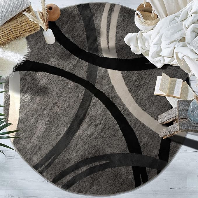 Rugshop Wavy Circles Design Round Rug, Carpet with Jute Backing for Living Room, Dining Room, or Bedroom, Gray, 8' Round