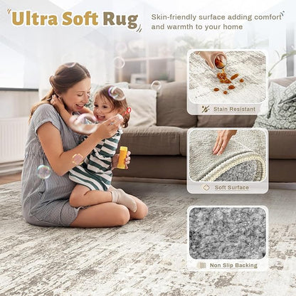 6x9 Area Rugs for Living Room, Washable Modern Abstract Large Area Rug Neutral Soft Non Slip Kids Rug Stain Resistant Indoor Carpet for Bedroom Nursery Dining Room Playroom Office(BeigeBrown, 6'x9')
