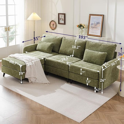 104'' Modular Sectional Sofa with Seats Storage,Oversized L Shaped Couch with Deep Seat,3-Seater Comfy Cloud Couches for Living Room, Movable Ottoman,Chenille,Green
