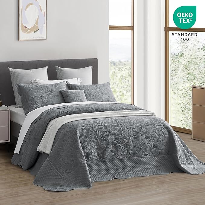 HZ & HY Oversized King Bedspread 128x120 Extra Wide, Ultrasonic Coverlet Bedding Set, Lightweight Thin Comforter, Reversible, 5 Piece, 100% Microfiber, Grey