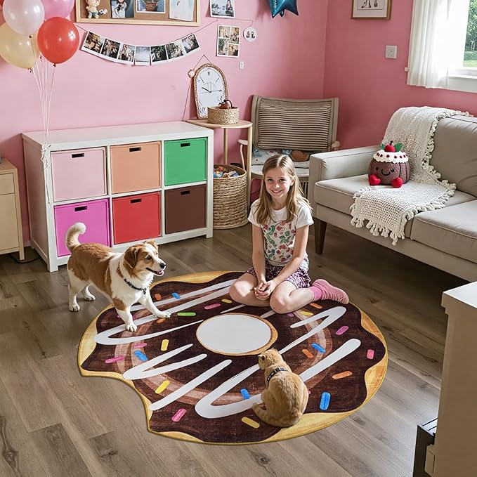 jinchan Cute Round Rug 4ft Chocolate Donut Fun Rug Washable Playroom Mat Sweet Dessert Circle Cool Rug Non Slip 4' Round Soft Cozy Floor Mat Funky Gift for Kids Teens Dorm Bedroom Playroom