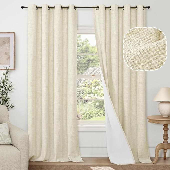 Lajode Cream 100% Blackout Curtains for Living Room 95 Inch Length 2 Panels Set, Thermal Insulated Light Blocking Faux Linen Curtains for Bedroom, Bronze Grommet Boho Window Drape Each 52" Wide