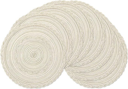 SHACOS 15 inch Round Braided Placemats Set of 12 for Dining Table Woven Boho Place Mats Kitchen Placemat Washable Table Mats, Ivory Bordered