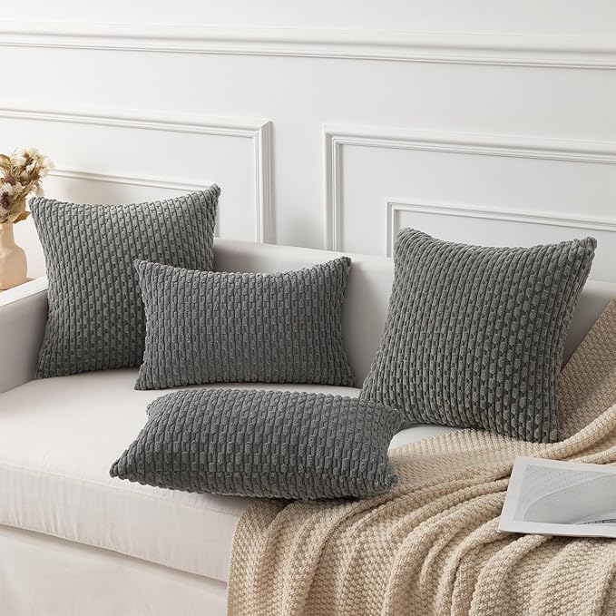 Kevin Textile Euro Sham Pillow Covers 28x28 Inch 2 Packs Soft Boho Striped Corduroy Decorative Throw Pillows for Living Room Couch Bed Sofa Rustic Farmhouse Home Decor 71x71cm Dark Grey