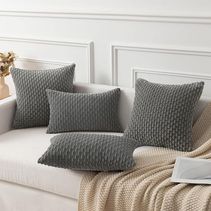 Kevin Textile Throw Pillow Cover Striped Pattern Decorative Soft Corduroy Cushion Covers Stripes for Living Room Set of 2 18x18 Inch Dark Grey