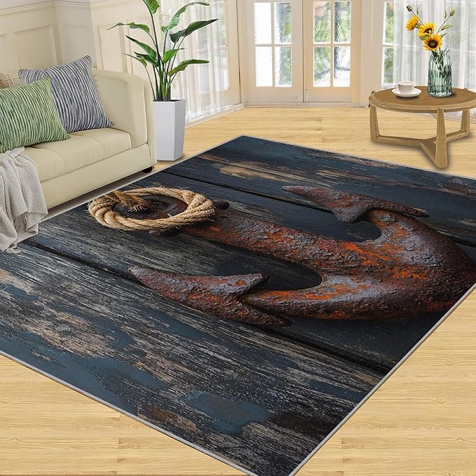 Nautical Anchor 6x8 Area Rugs,Distressed Wood Bedroom Rug Nautical Style Non-Slip Washable Rug for Living Room Nursery Kitchen Low-Pile Carpet