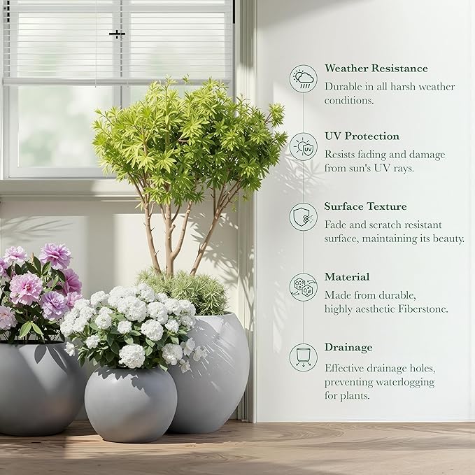 DTY Signature Mount Sherman Modern Indoor Outdoor Fiberstone Sphere Planter, Durable Round Garden Pot, Weather Resistant, Drainage Hole & Rubber Plug - Small, Gray